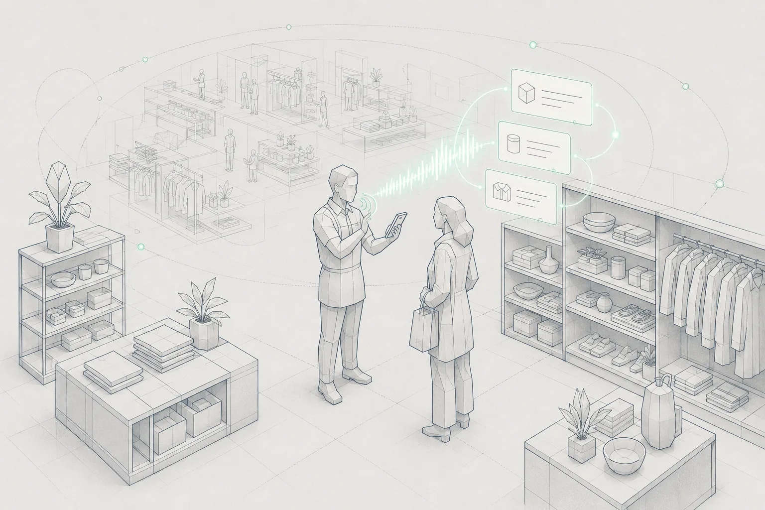 Conceptual illustration of a retail team member using a voice-enabled mobile AI assistant to help a customer.