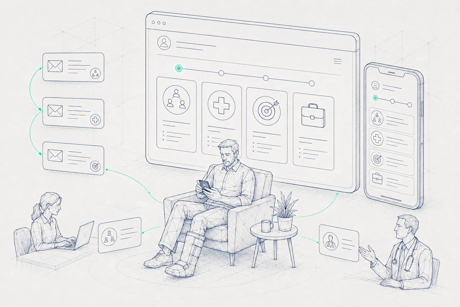 Conceptual illustration of a WorkSafe digital recovery plan on desktop and mobile, with staged information, clear next steps and care-team support.