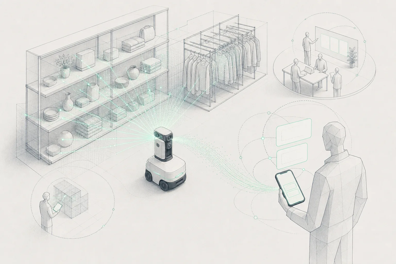 Conceptual illustration of a computer vision robot scanning general merchandise aisles and converting observations into mobile tasks.