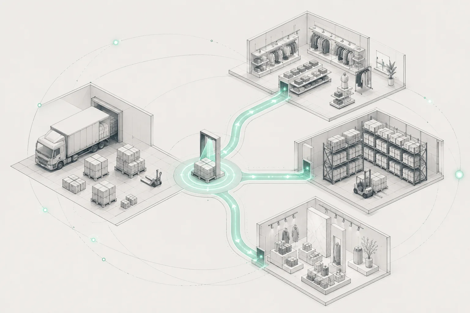 Conceptual illustration of stock receiving with routes to the shopfloor, stockroom and merchandising zones.